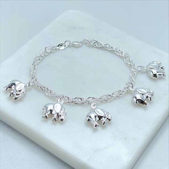 Silver Filled 4mm Rolo Singapore Chain with 3d Puffed Elephants Charms Bracelet, Lucky & Protection, Wholesale Jewelry Making Supplies for wholesale by DIJU Jewelry