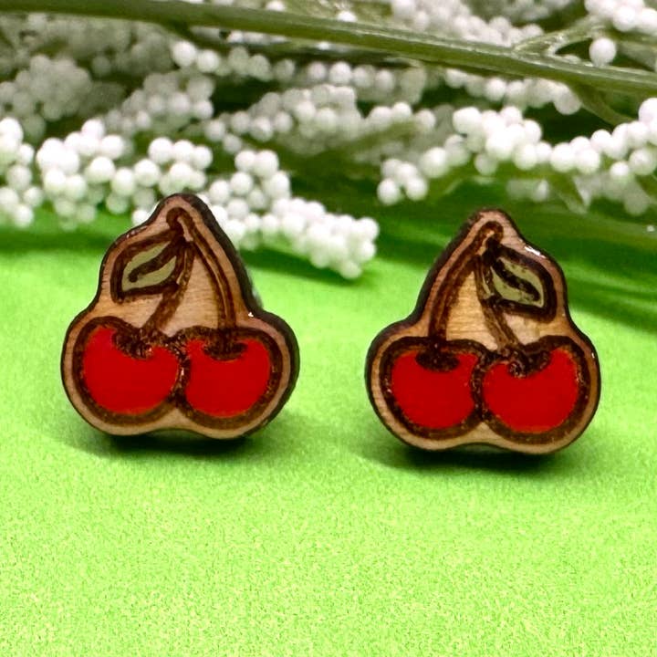Cherry Handmade Wood Stud Earrings for wholesale by The Poppy Peach, LLC.