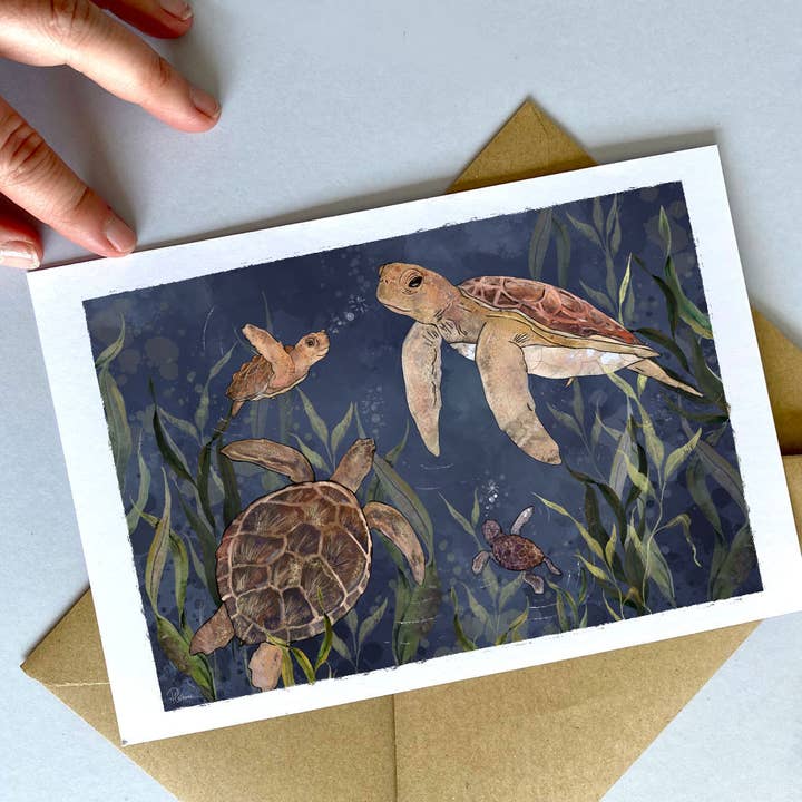 Sea Turtles & Seaweed Art Print / Greeting Card for wholesale by Where The Wildlings Roam