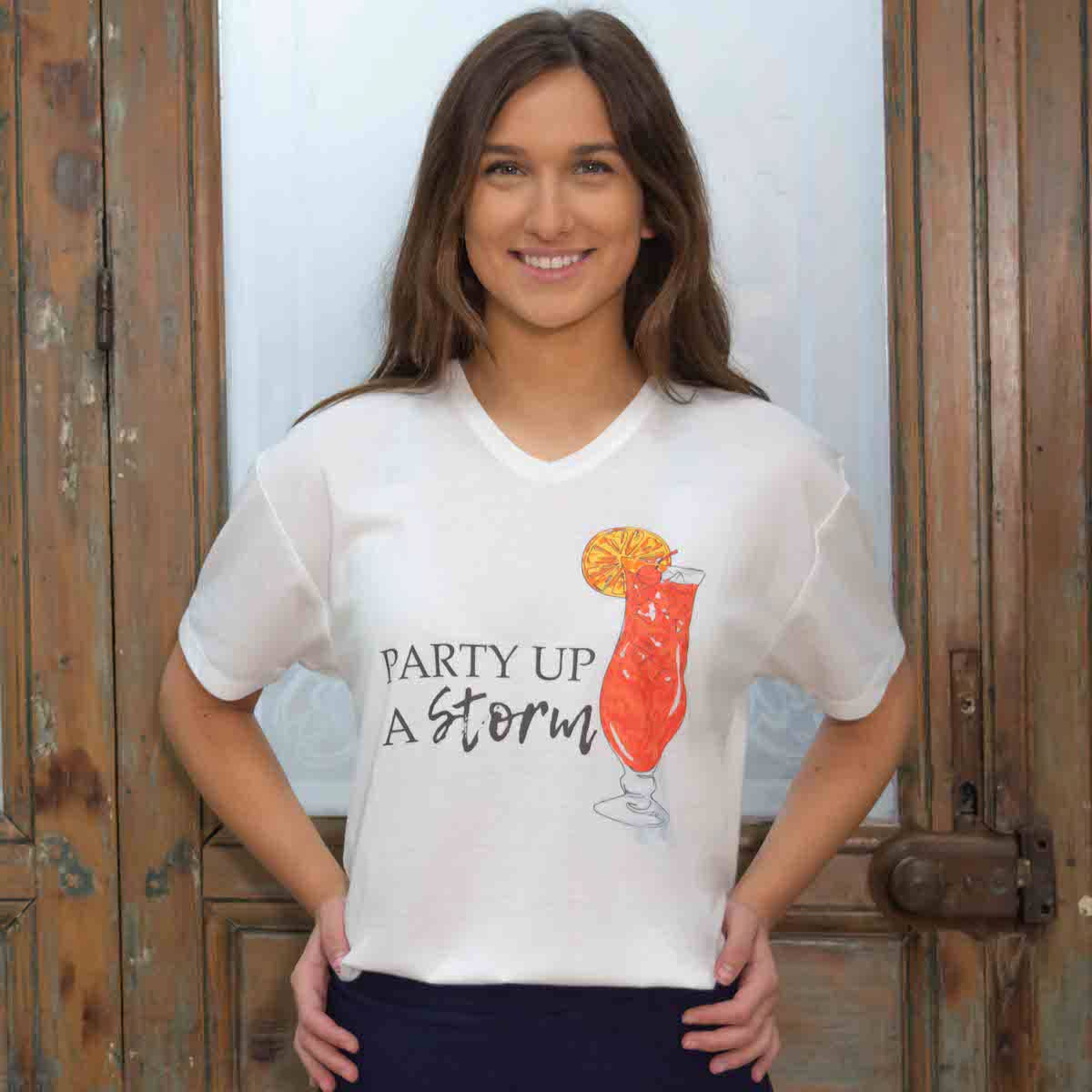 The Royal Standard - Wholesale Screen Printed T-Shirt - Women's - Party Up A Storm V-Neck T-Shirt   White/Multi   -Asst.0