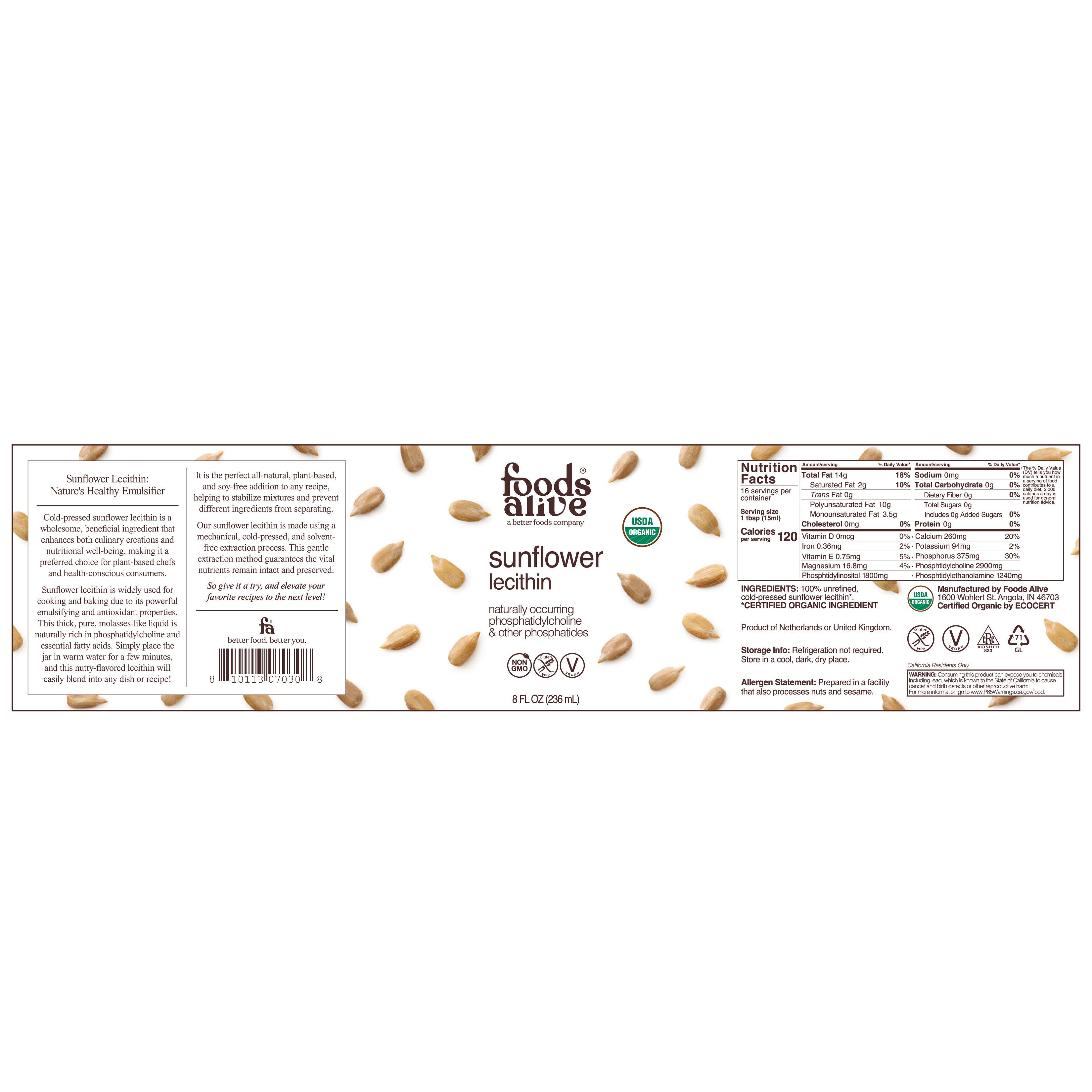 Foods Alive - Wholesale Oral Supplement/Vitamin - Sunflower Lecithin - Cold-Pressed, Organic1