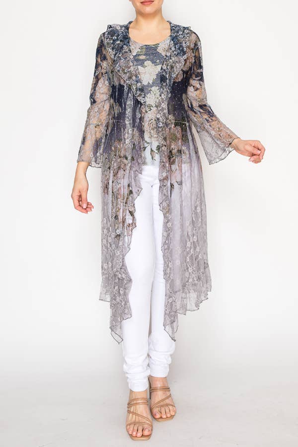 AÑADIR MOSCA MARINA Cárdigan largo ligero con encaje floral y volantes con destellos - 4849GY DD NAVY F de venta al por mayor en Faire