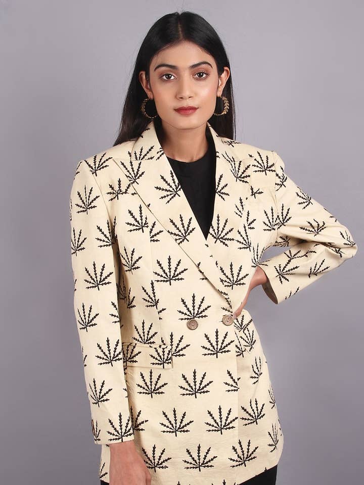 Blazer en coton beige Bagru (2) pour la vente par INDOPHILIA