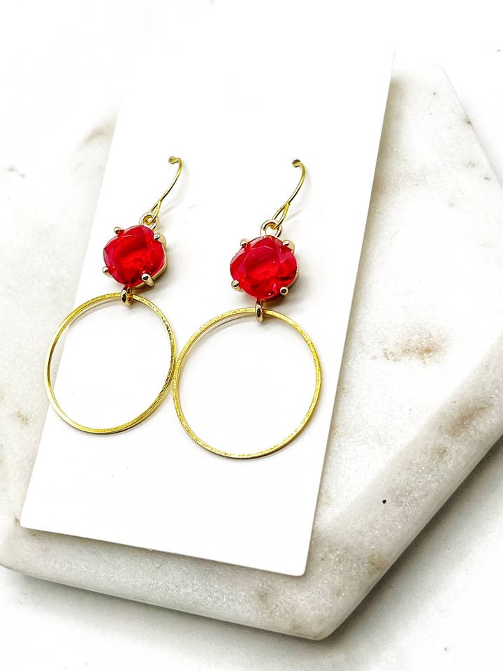 Red Ruby Gem Crystal Gold Hoop Statement Earrings for wholesale by Baubles by B