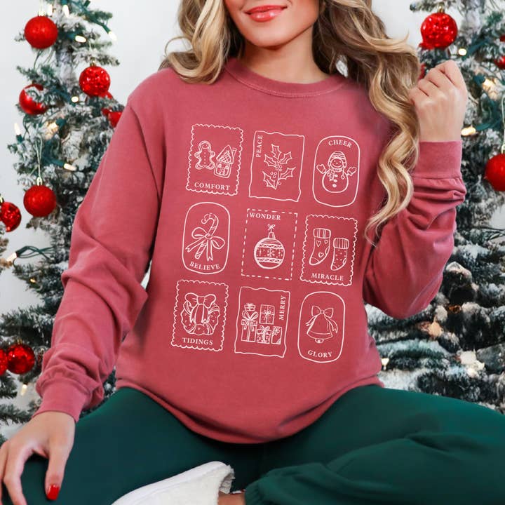 Christmas Stamps Long Sleeve Comfort Colors Holiday T Shirt for wholesale by Scripted Pearl