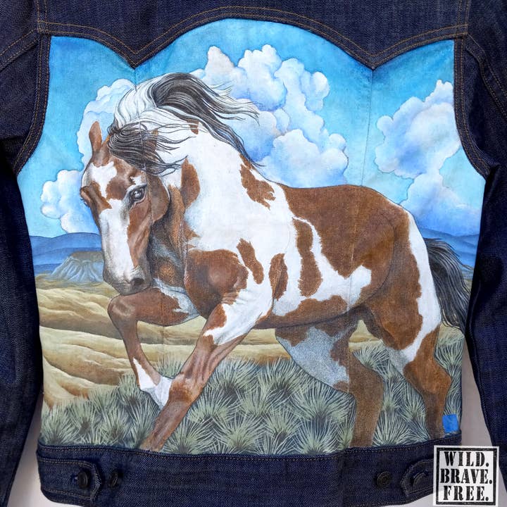 WILD. BRAVE. FREE. - Wholesale Denim Jacket - Women's - "Picasso" Wild Mustang of Colorado, Hand-Painted Art Jacket