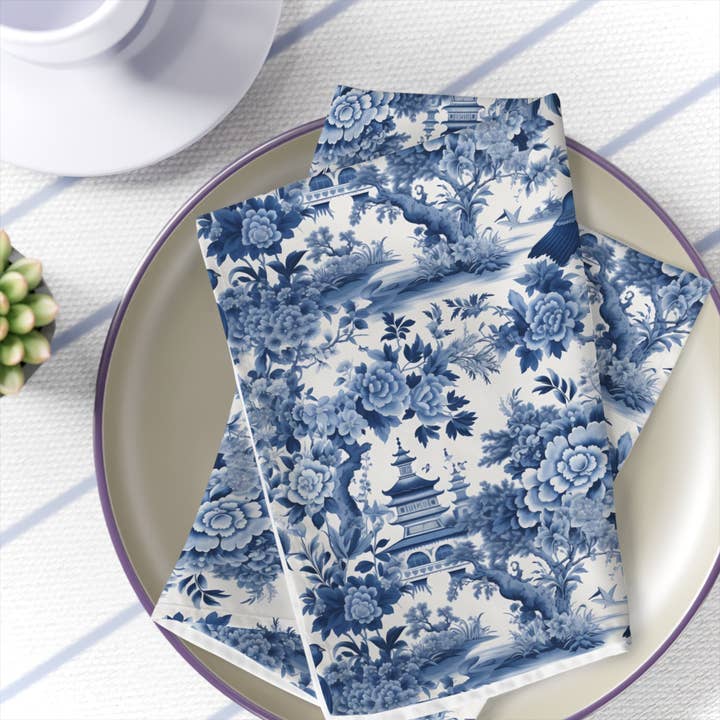 Serviettes de table chinoiserie en toile bleue, ensemble de 4, 19 pouces pour la vente par Prestige Plume