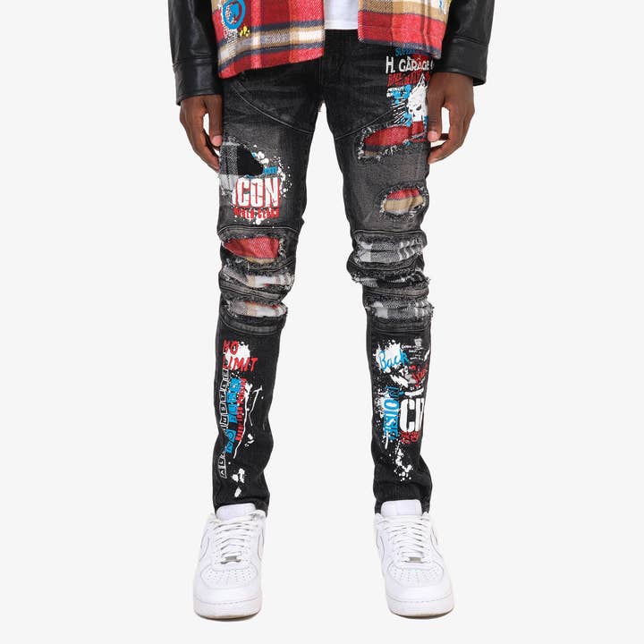 JEAN NOIR AVEC DÉCHIRURE ET RÉPARATION À CARREAUX pour la vente par Copper Rivet