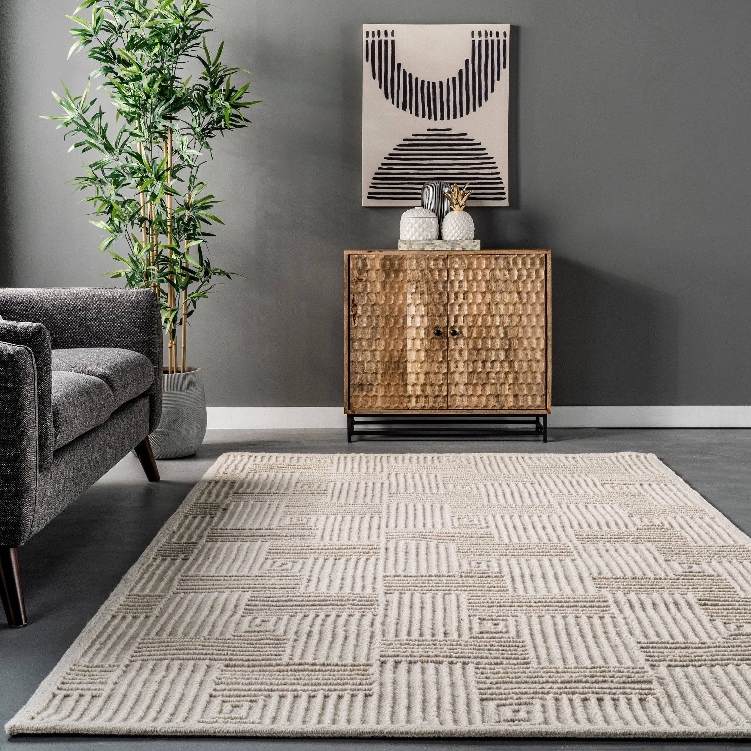 Ivory Mallory Hand Hooked Wool Geometric High Low Textured Area Rug for wholesale on Faire6