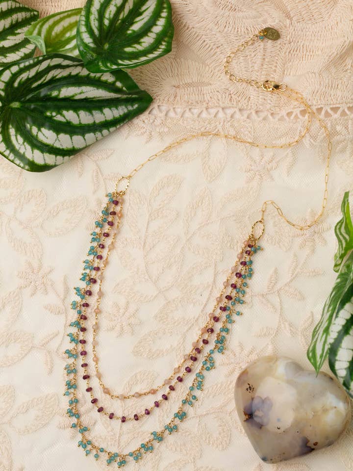 Gumdrop 21.5-23.5" Garnet, Peach Moonstone, Blue Apatite Multistrand Necklace for wholesale by Anne Vaughan Designs Jewelry