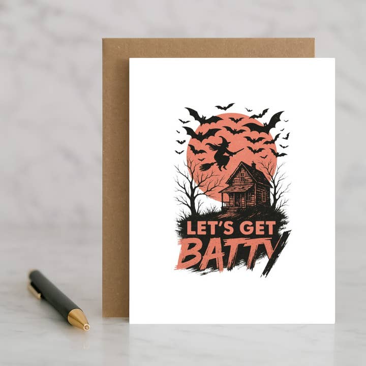 Let’s Get Batty Card – Funny Halloween Bat Greeting Card for wholesale by North Star Rustics Greetings