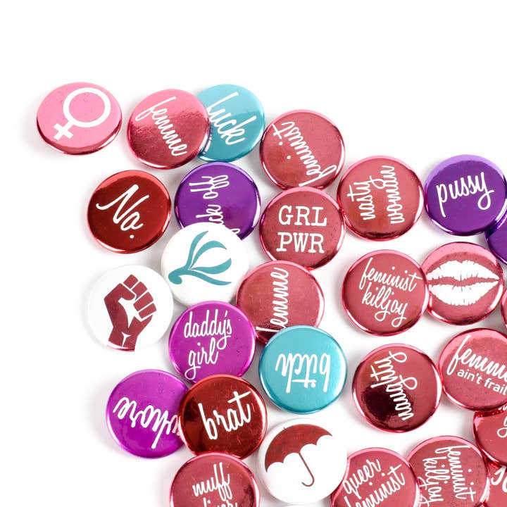 Shiny Feminist Favourites Bulk Buttons or Magnets for wholesale by Ifs, Ands, Or Buttons