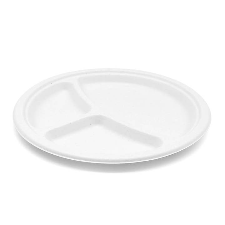 ProTakeOut, 10" 3-Compartment Compostable Bagasse Round Plates – 500 Pack (125/4) | PFAS-Free, Eco-Friendly Sugarcane Plates | Microwave Safe, Heavy-Duty & Biodegradable Disposable Tableware for Restaurants, Events & Catering for wholesale by ProTakeOut