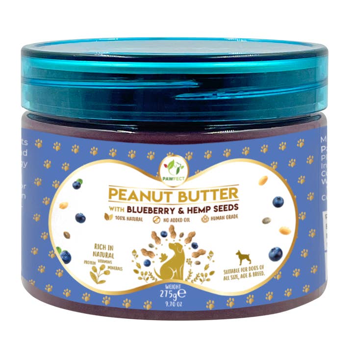 Pawfect Peanut Butter with Blueberries & Hempseeds for Dogs & Puppies  | 100% Natural Peanut Butter | No Added Sugar, Salt, Palm Oil | No Sweeteners, No Xylitol | Healthy Lickable Dog Treat for wholesale by Pawfect Pet Foods Pvt Ltd - USA