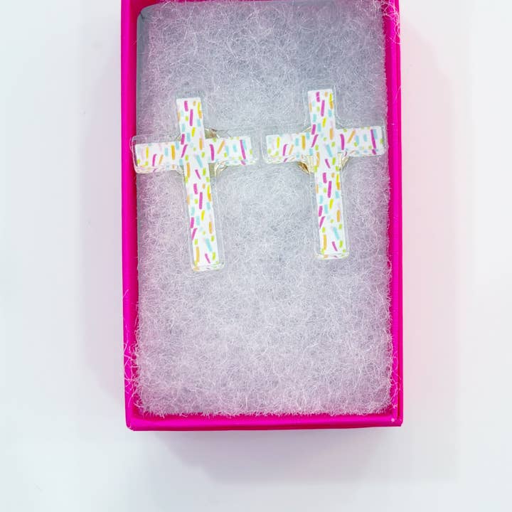 Acrylic Earrings - Confetti Cross for wholesale by All She Wrote Notes
