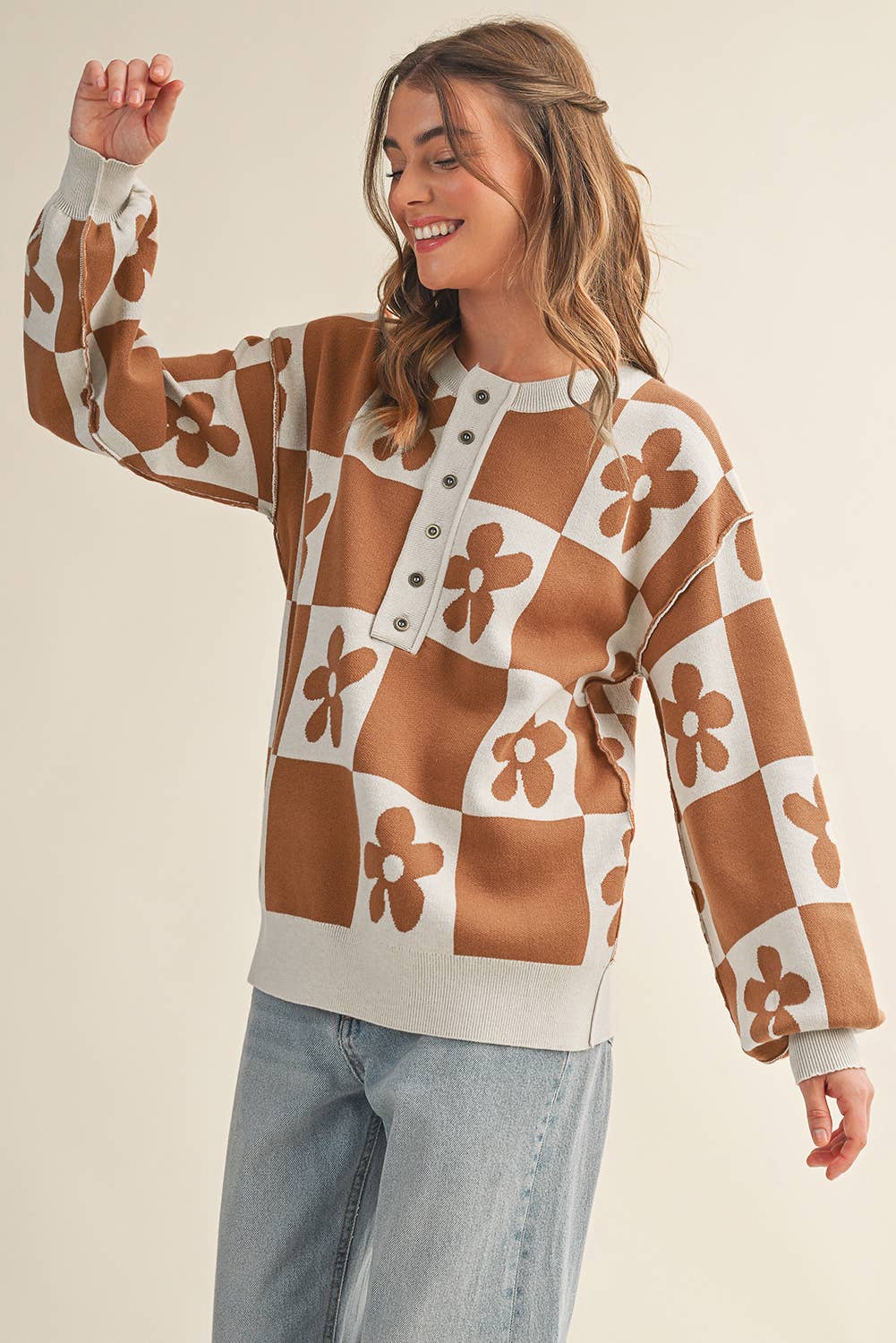 Aapparella - Vente Pull en maille – femme - Cardigan à boutons avec blocs de couleur à carreaux et fleurs | S-XL0