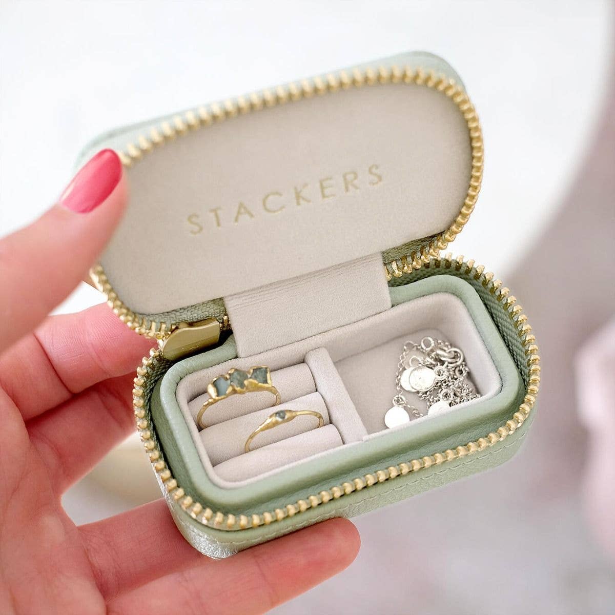 Stackers – wholesale Jewellery box/organiser – Sage Green Petite Zipped Travel Jewellery Box1