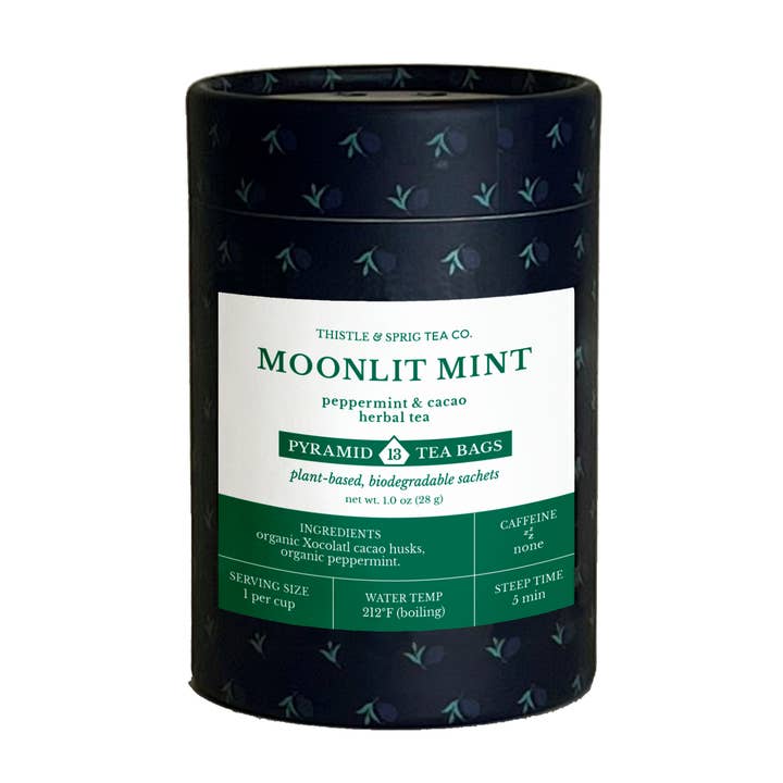 Moonlit Mint Peppermint & Cacao Herbal Tea, Pyramid Tea Bags for wholesale by Thistle & Sprig Tea Company