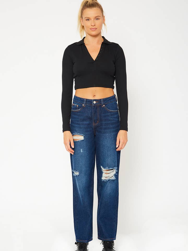 High-rise dark blue baggy dad fit jeans for wholesale by MONKEY RIDE JEANS