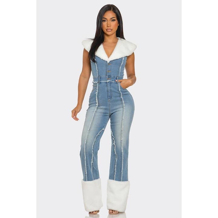 Fur Contrast Denim Jumpsuit for wholesale by omgstyles