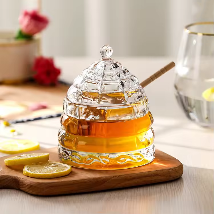 Lainy Home - Wholesale Honey Pot - Tapered Glass Honey Jar with Wooden Dipper 11oz1