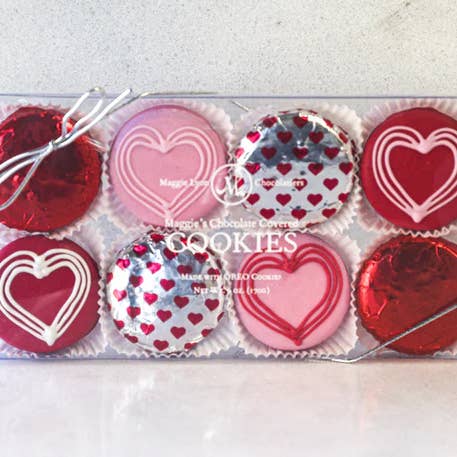 Valentine's 8pc Milk Chocolate Covered Cookies- Drawn Hearts for wholesale by Maggie Lyon Chocolatiers