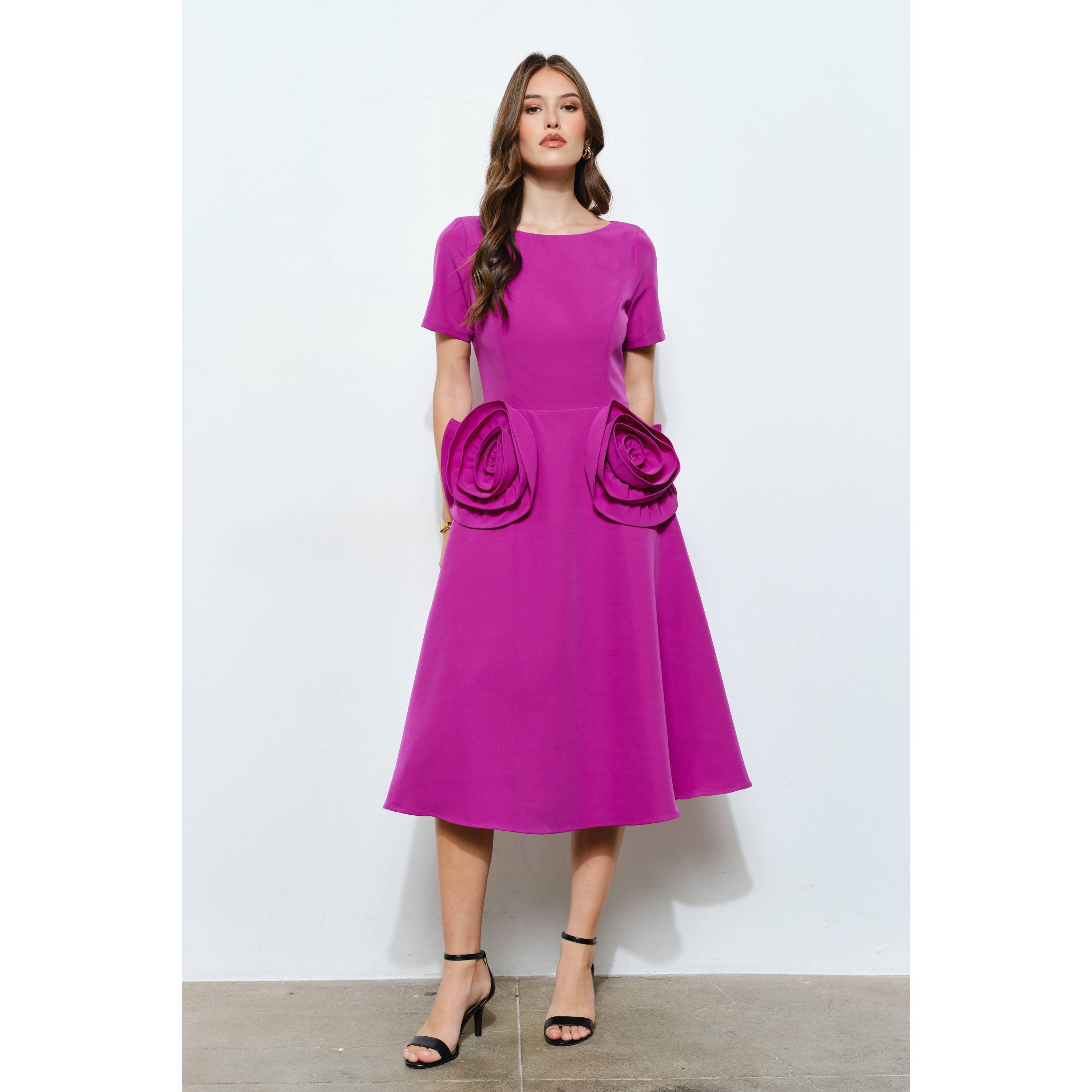 INA - Wholesale Dress - Women's - Elegant Rose Applique A-Line Midi Dress0
