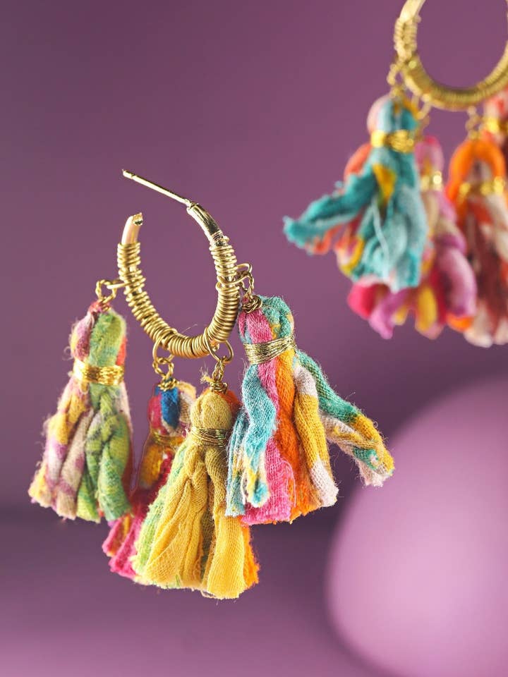 Handmade C-Hoop Earrings with Sari Tassels for wholesale by Marionette
