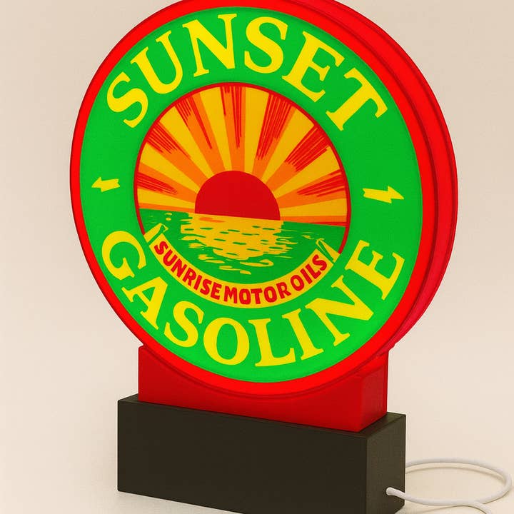 Letrero de Gasolina Iluminado al Atardecer – Aprox. 9" de Ancho – Estilo Vintage para venta al por mayor de Huckleberry Concepts