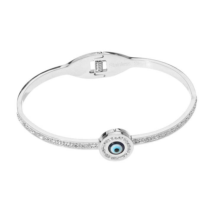 Sensibling Corp. - Wholesale Bangle Bracelet - Stainless Steel Evil Eye CZ Accent Hinged Bangle Bracelet4