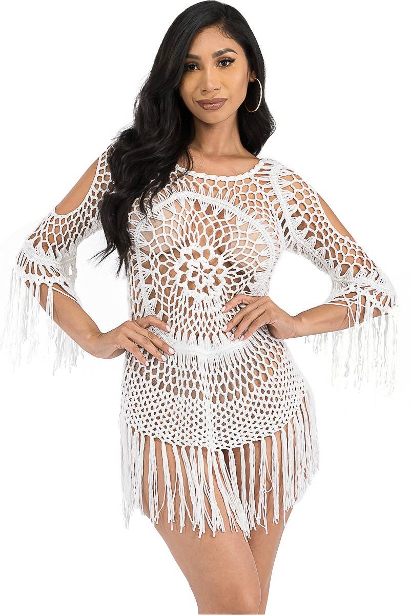 Cap Zone – Großhandel Strandkleid – Damen – Strick-Top mit Fransenbesatz und luftigem 3/4-Ärmel9