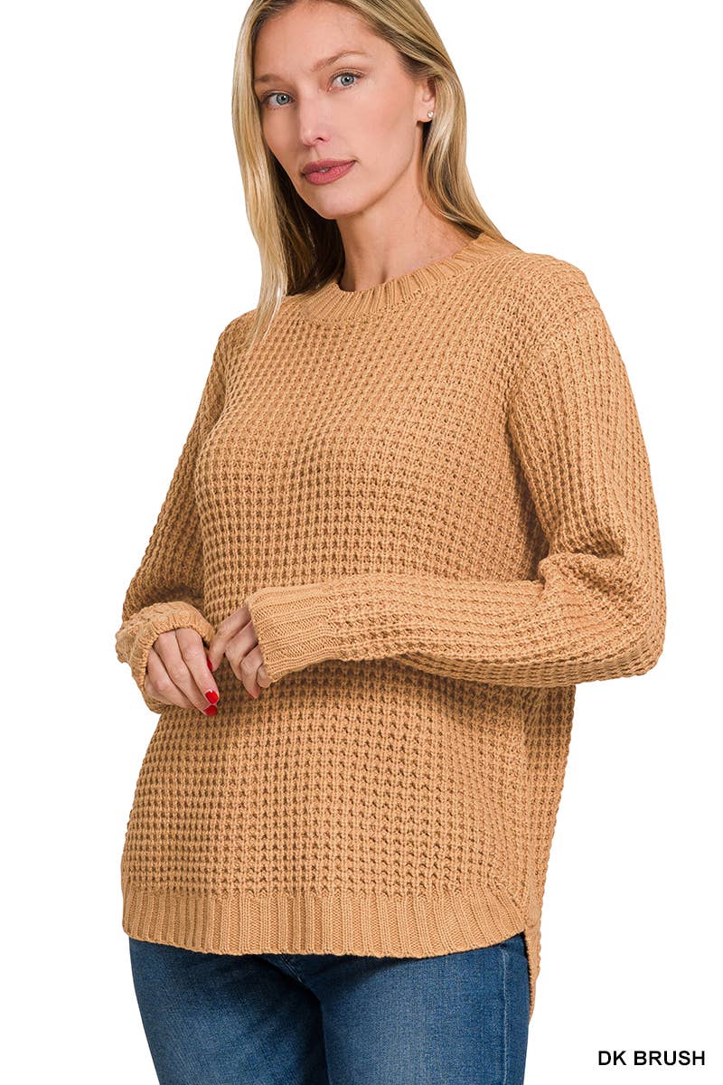 Vanilla Monkey - Wholesale Knit Sweater - Women's - Hi-low Long Sleeve Round Neck Waffle Sweater5