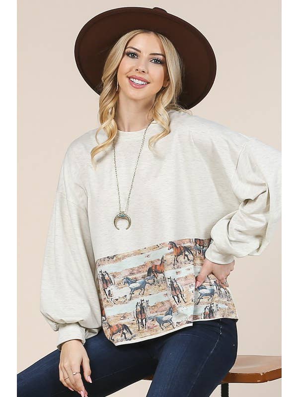 AVENA TOP DE FELPA FRANCESA CON ESTAMPADO DE CABALLOS AV1171-LISA de venta al por mayor en Faire3