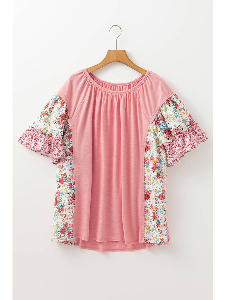 Pink Plus Size Floral Patchwork Ruffled Short Sleeve Blouse for wholesale on Faire
