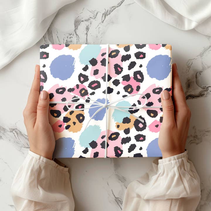 House of Binky - Wholesale Flat Wrap - Pastel Leopard Print Wrapping Paper – Colourful Brush Stroke Gift Wrap in Pink, Blue & Mustard Spots1