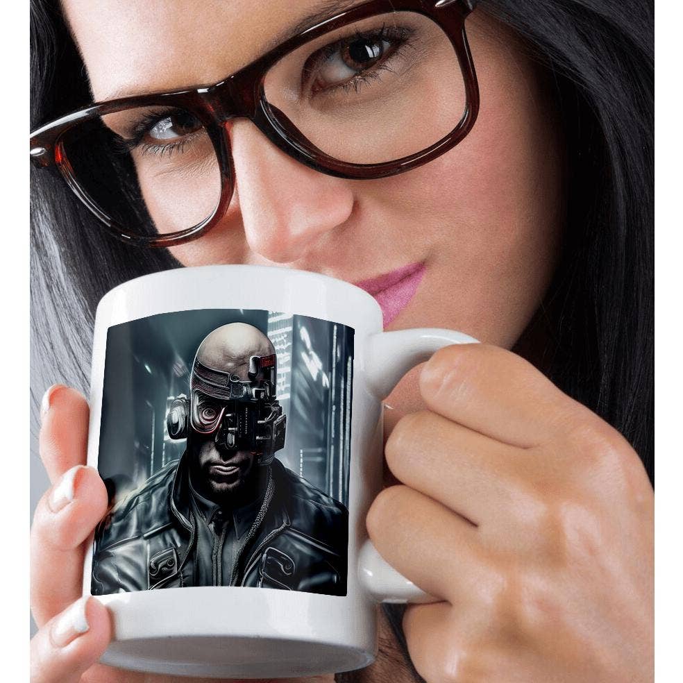 3dRose - Wholesale Coffee Mug - 3dRose, Bold man cyberpunk cyborg. Head gadgets, leather jacket, night city, Mug9