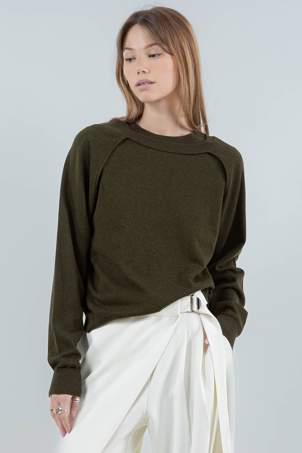 DOUBLE LAYER BOLERO KNITTED SWEATER - OLIVE for wholesale on Faire3