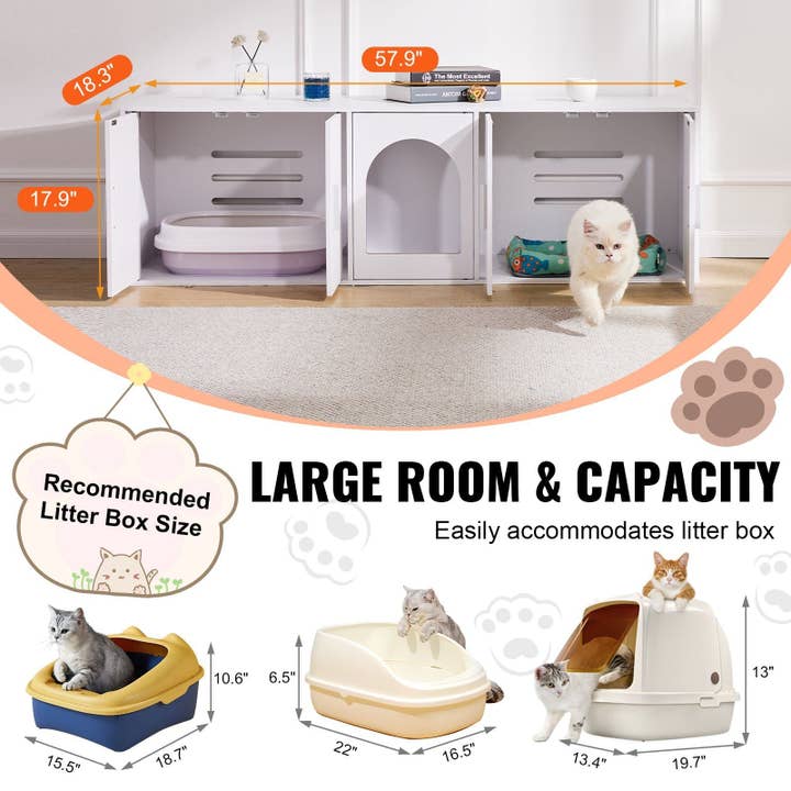 Naomi's Happy Place Shop - Wholesale Cabinet - Cat Litter Box Enclosure Wooden Litter Box Furniture Hidden 57.9" White3