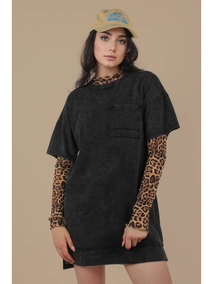 VERY J - Wholesale Dress - Women's - ND31634-Mineral Washed Knit Oversized Shift Mini Dress