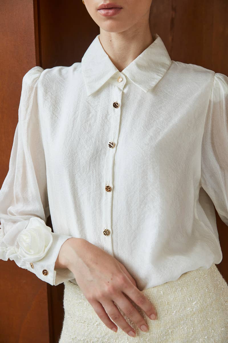ELLI WHITE - Wholesale Button Down Shirt - Women's - Long-sleeved blouse with floral cuffs1