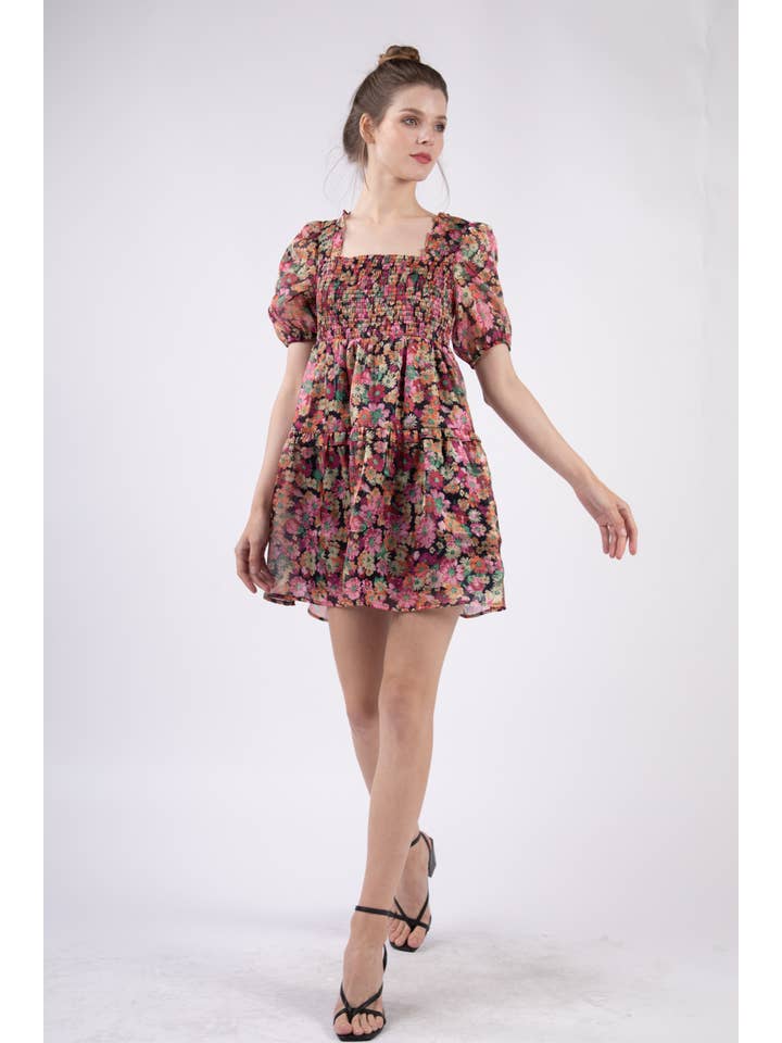 VERY J - Wholesale Dress - Women's - VD33872-Floral Organza Sheer Fabric Babydoll Mini Dress