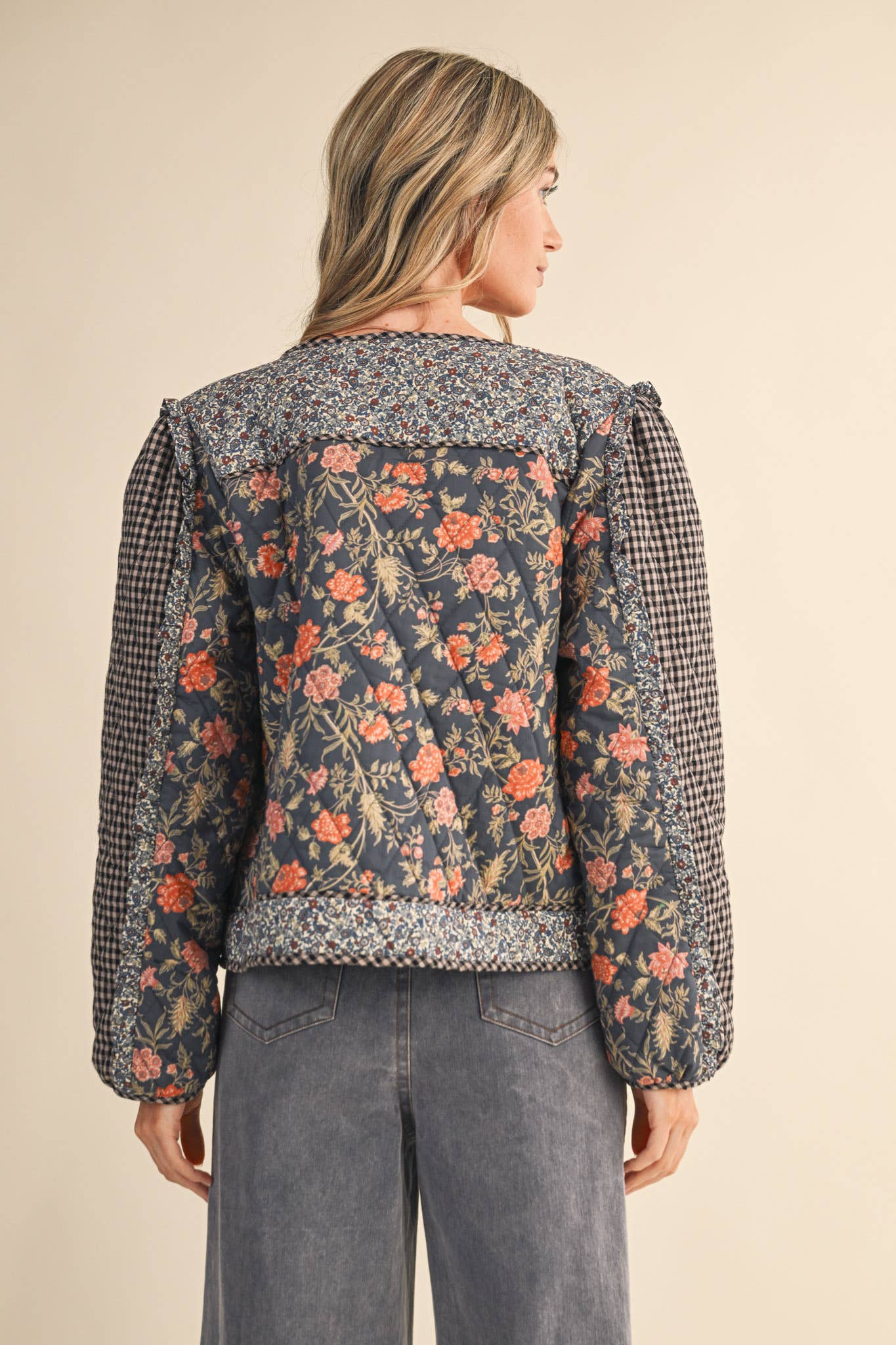 BURGUNDY MULTI MIXED PRINT QUILTED JACKET WITH RUFFLE TRIM MJK4531 for wholesale on Faire18