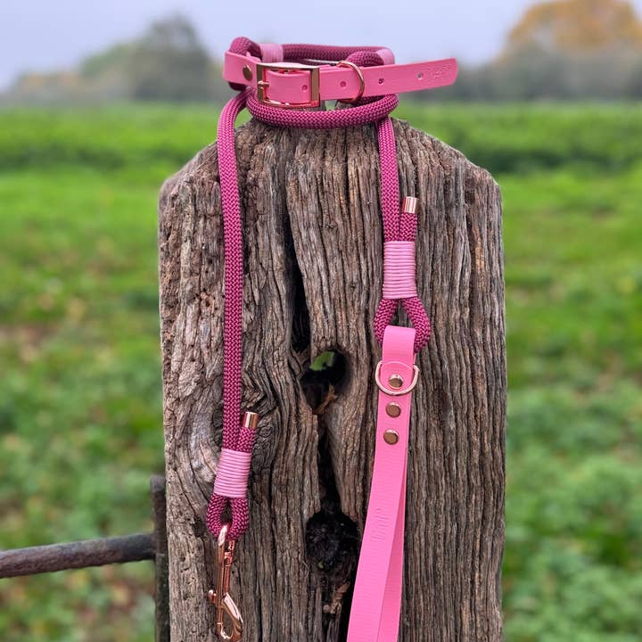 Premium Rope Dog Collar & Lead BURGUNDY & BABY PINK for wholesale by Trinkety Paws