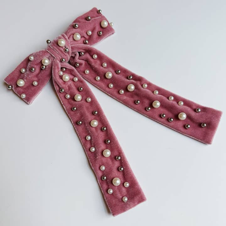 Ellison+Young - Wholesale Hair Clip - Women's - Pearl Throwed Velvet Bow Hair Clip