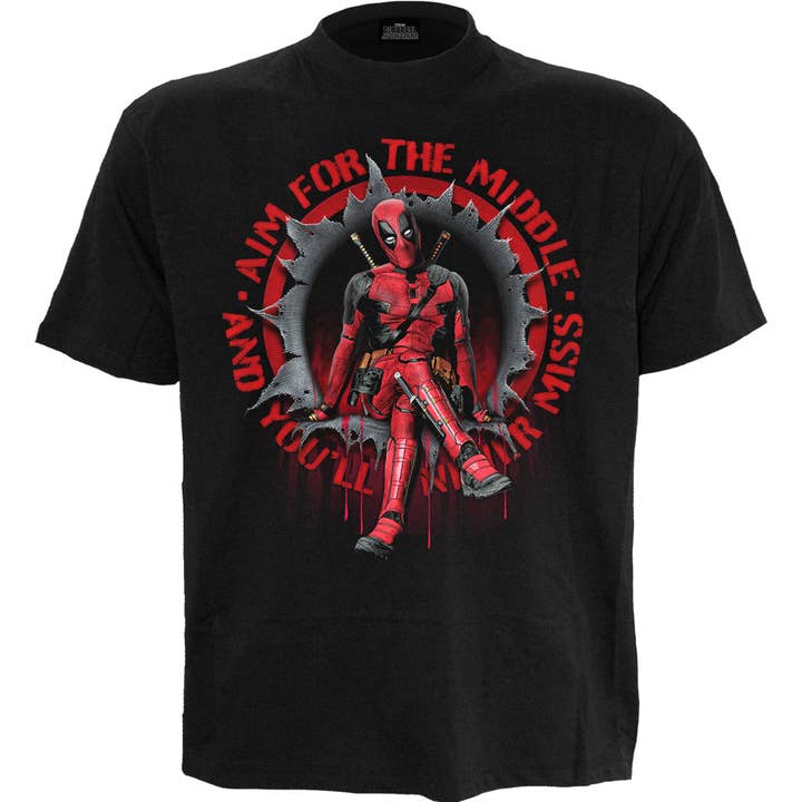 Camiseta negra con estampado frontal de Deadpool « Aim for the middle » para venta al por mayor de Spiral