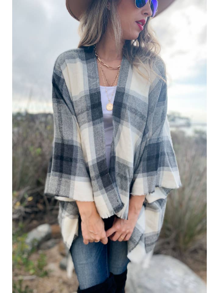 Grey Plaid Printed Cozy Knitted Kimono Cardigan With Fringe for wholesale on Faire