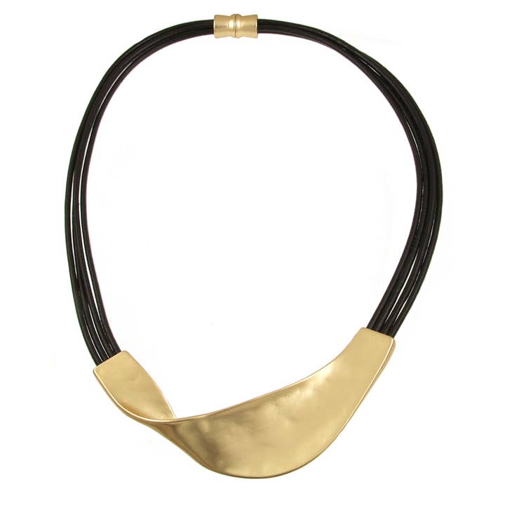 Leather & Metal Twist Necklace, Black & Gold, 18", Magnetic for wholesale by Origin Jewelry