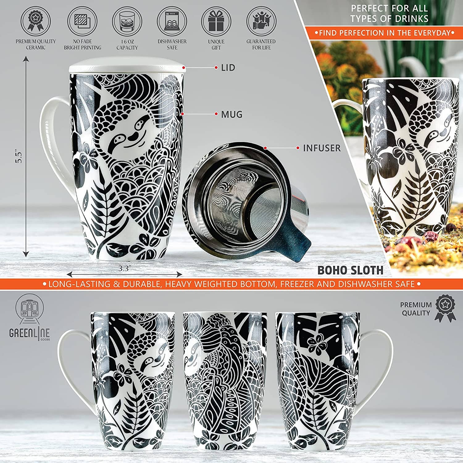 Greenline Goods - Wholesale Coffee Mug - Sloth Coffee and Tea Mug With Ceramic Lid + Infuser (16oz)3