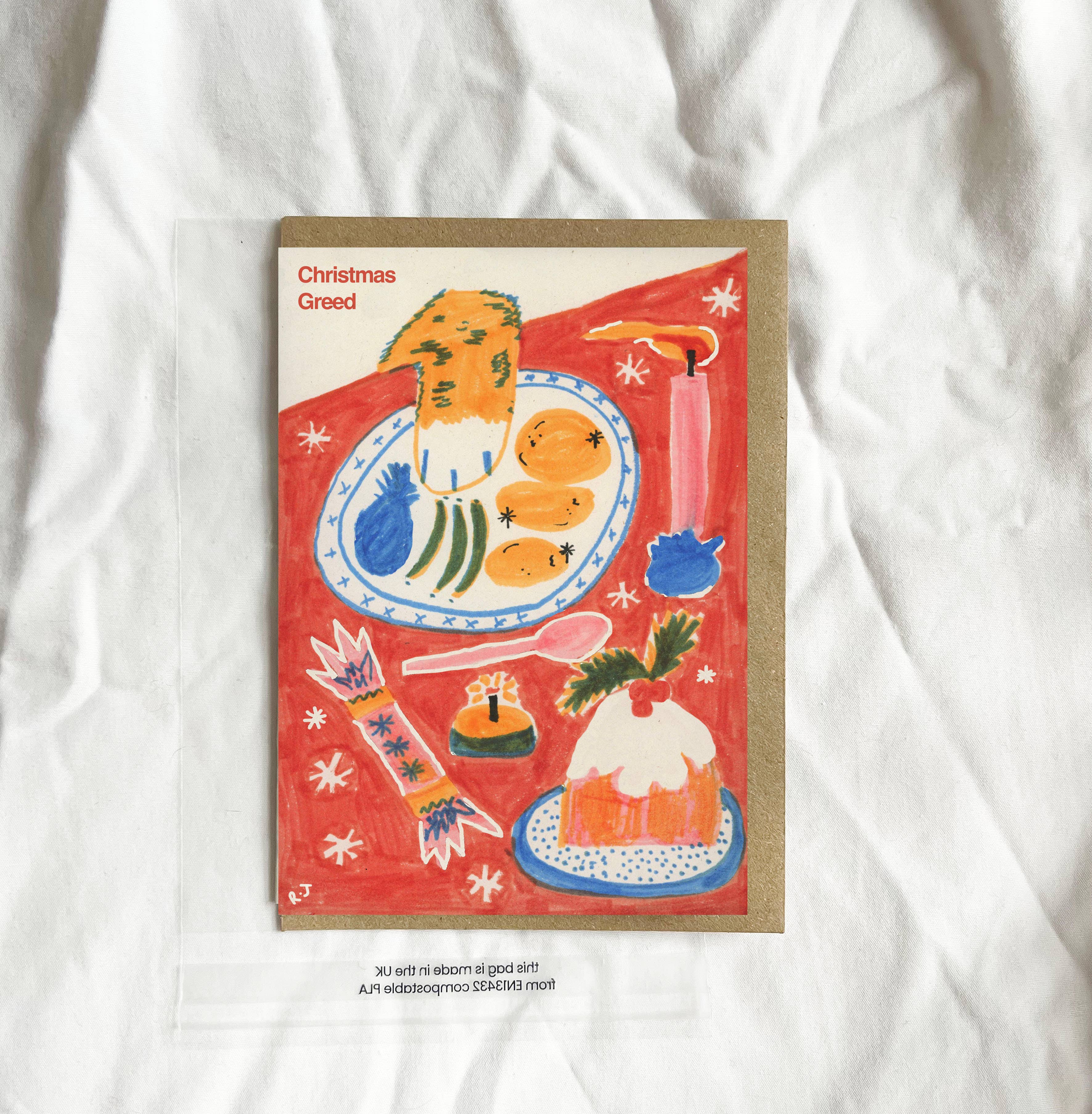 Rebecca Joy Ltd - Wholesale Christmas Card - 'Christmas Greed' | Folk | Cozy | Funny | A6 Greetings Card