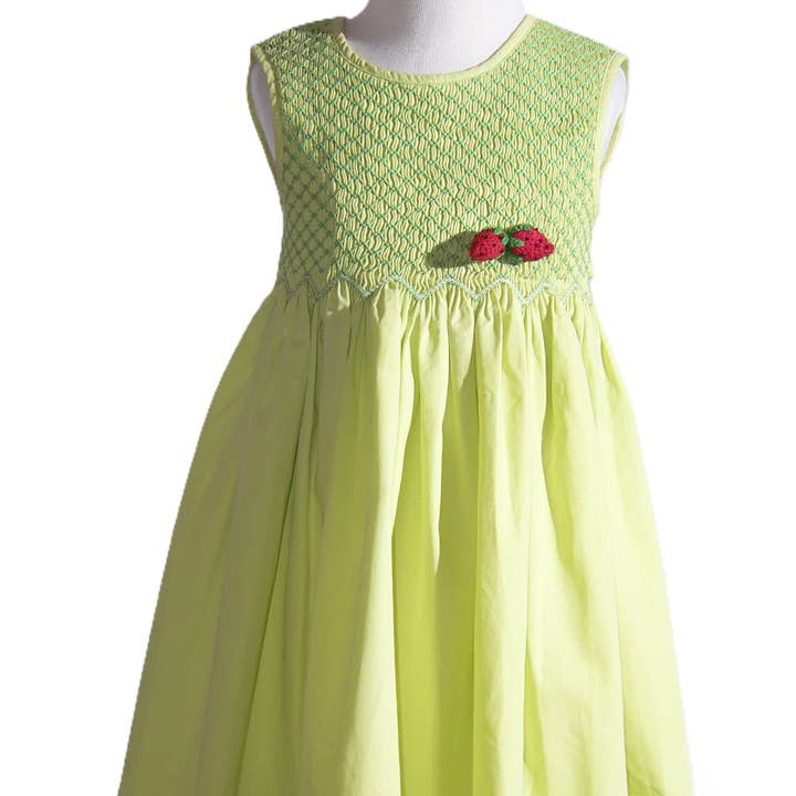 Green Geo Smocked With Strawberries Sleeveless Dress for wholesale by Hello Bebes!